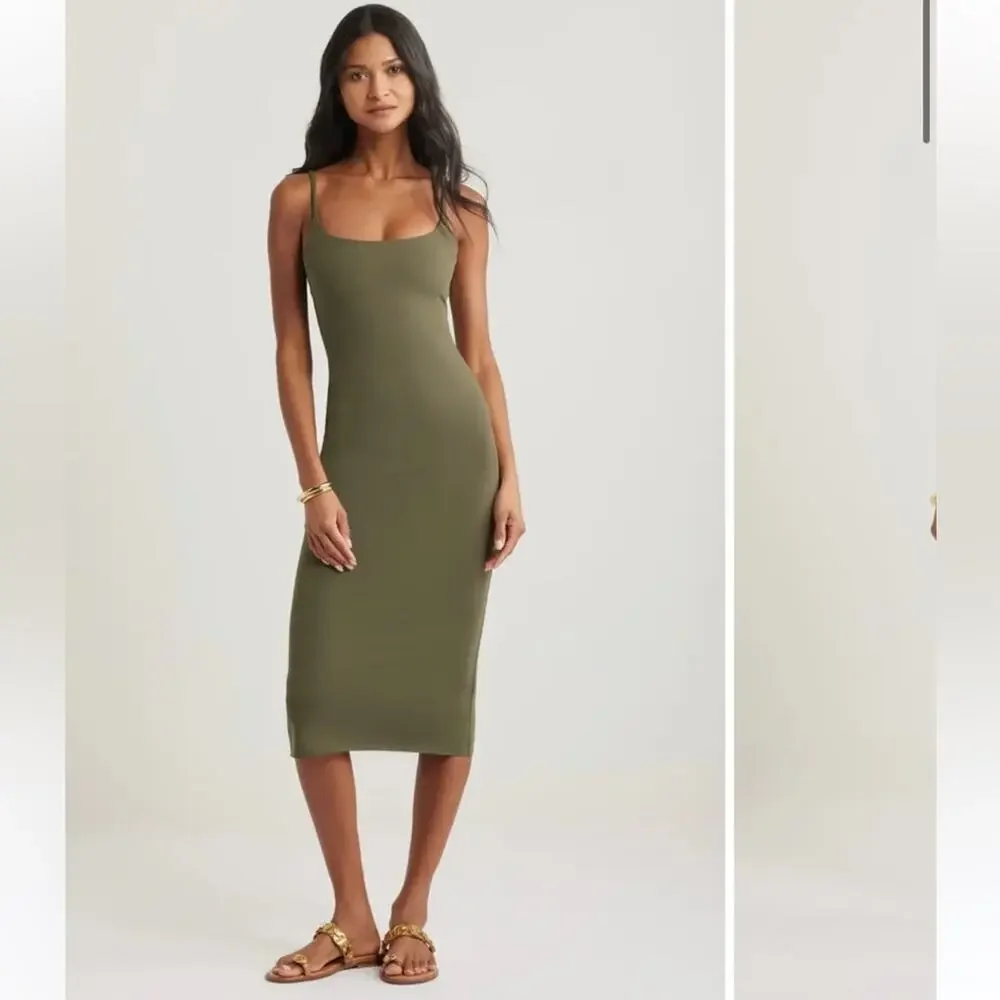 NEW Open Edit Smooth Edit Strappy Midi Slipdress, Olive Green Midi Dress, XS - Picture 5 of 12